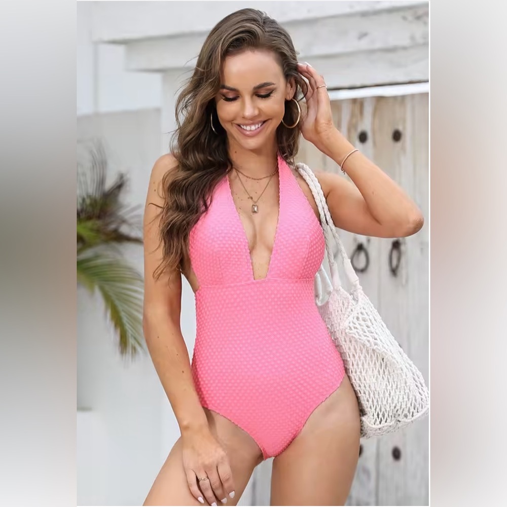 CUPSHE Palm Beach Pink Plunge One Piece Swimsuit